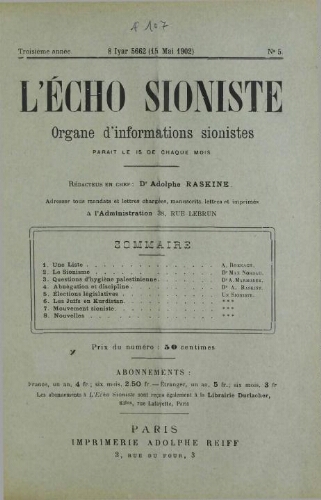 L'Echo Sioniste. Vol. 3 n° 5 (15 mai 1902)